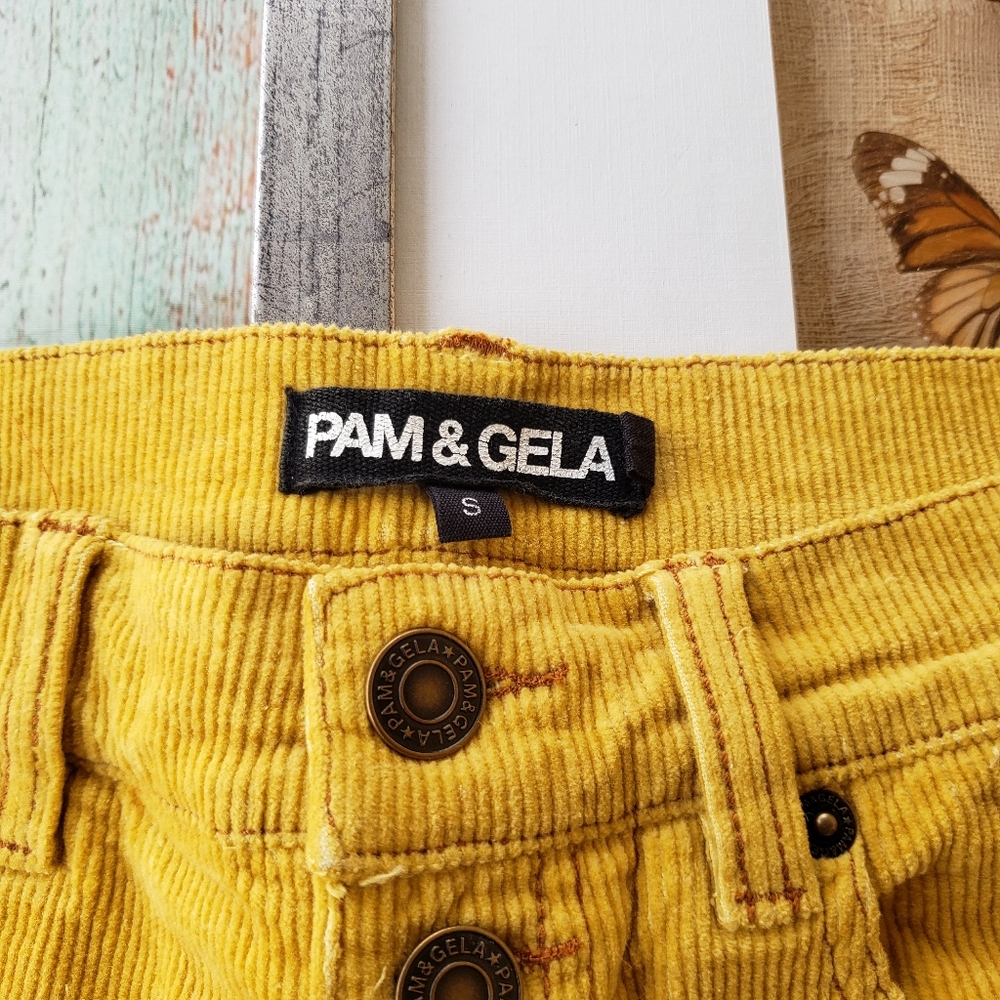 Pam & Gela Mustard Cropped Flare Corduroy Pants S - Picture 7 of 7